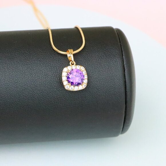 "Purple Round Stone Pendant in Gold Plated Brass with Crystal Halo, XPPT1772 - Picture 4 of 13